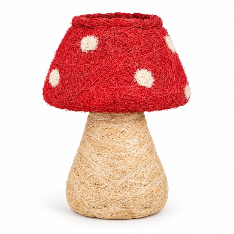 A HUSK Toadstool Planter – Red & White 19cm with a red felt cap, white felt spots, and a natural beige wrapped stem, photographed on a plain white background.
