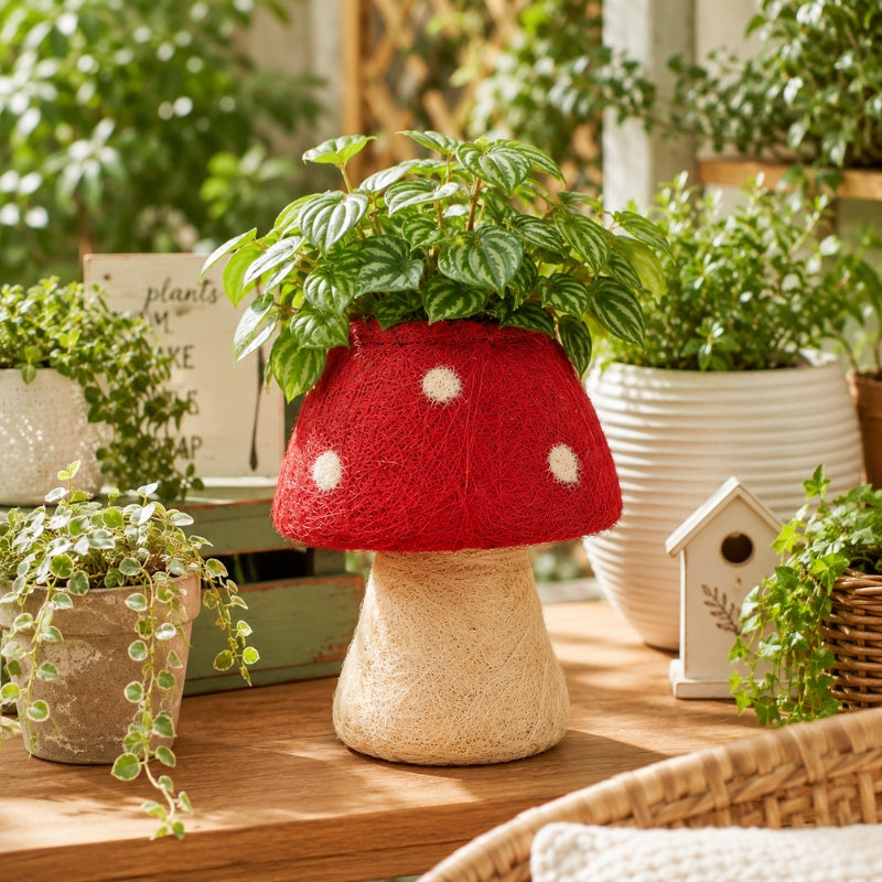 A HUSK Toadstool Planter – Red & White 19cm holding a green leafy plant, styled on a wooden table with other potted plants and a small birdhouse in a bright, plant-filled indoor setting.