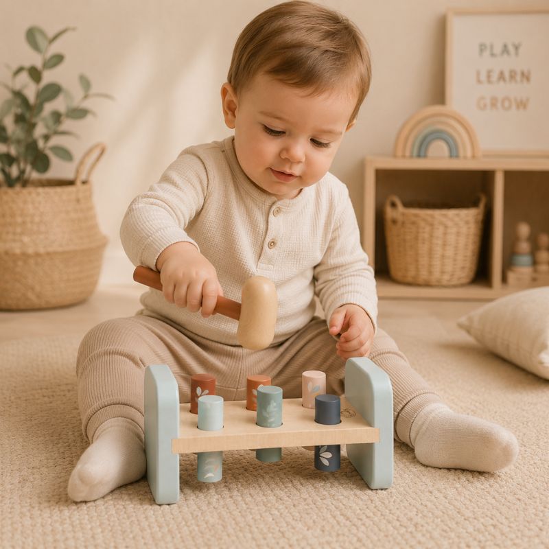 Child playing with a hammer bench wooden toy in a cozy room—Loveshack Giftware