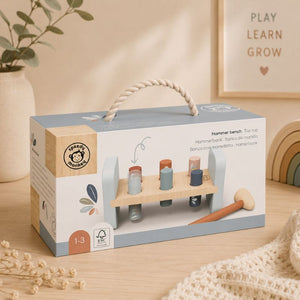 Hammer bench Wooden toy bench set in its packaging with 'Speedy Monkey' branding on a neutral - background. - Loveshack Giftware