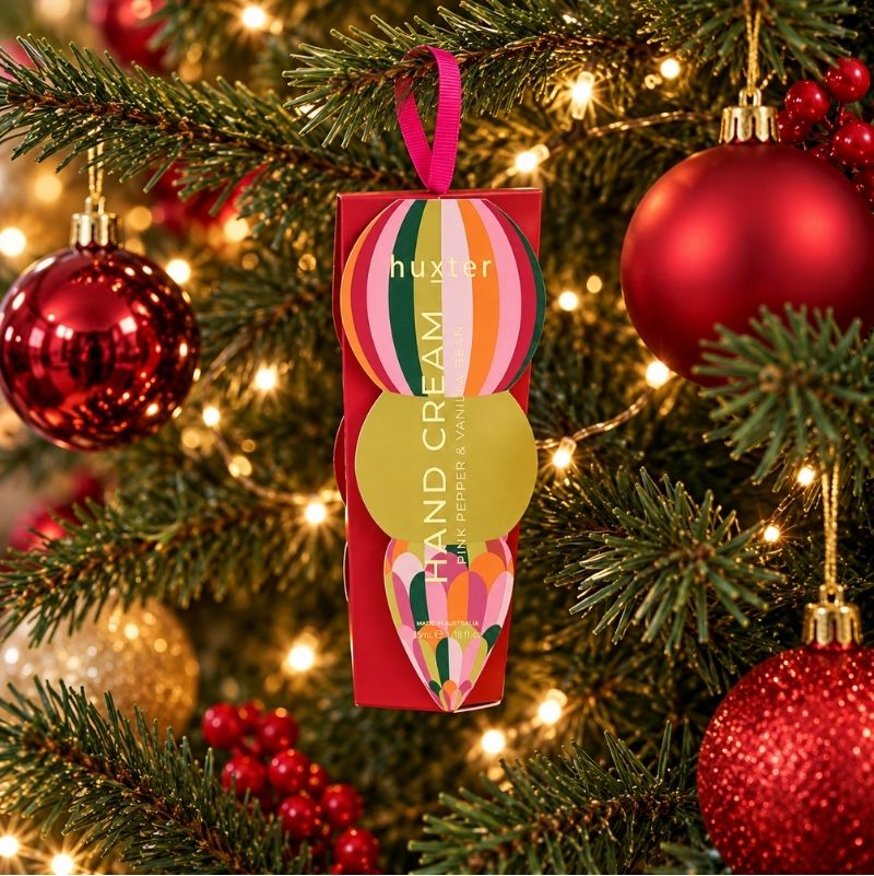 Huxter Pink Pepper and Vanilla Bean hand cream with festive packaging