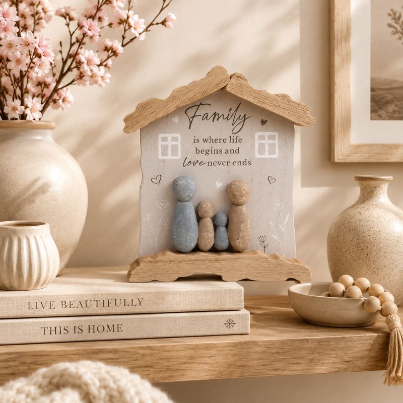Family hanging plaque with pebble figurines styled on stacked books with blush florals and neutral home decor accessories.