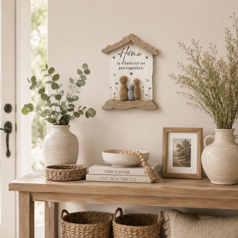 Home hanging plaque displayed on a beige console table with ceramic vase and neutral home decor accents in a modern farmhouse setting.
