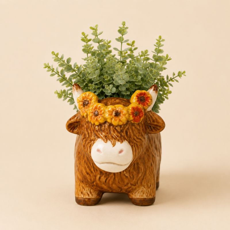 Ceramic cow planter with greenery on a beige background