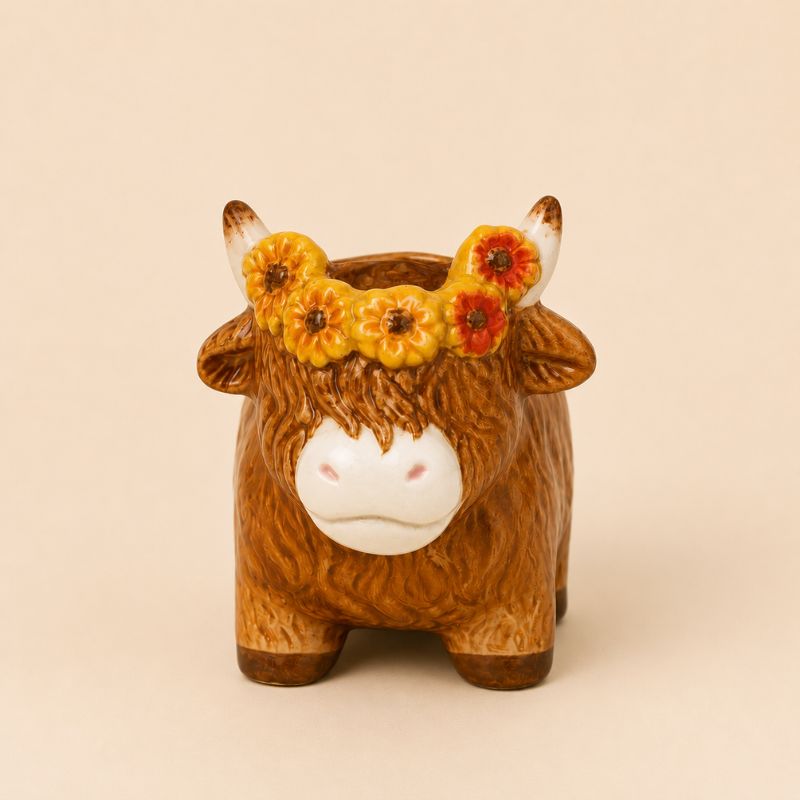 Ceramic cow with a flower crown on a beige background
