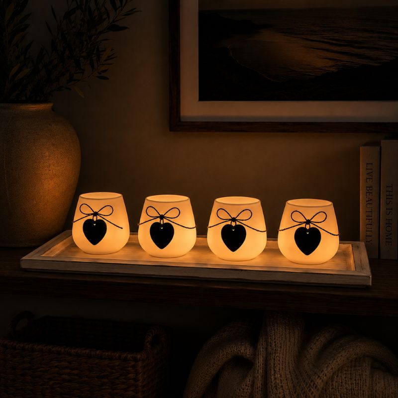 Glowing HOME candle holder tray set displayed on a shelf in a cozy evening setting with warm ambient lighting.