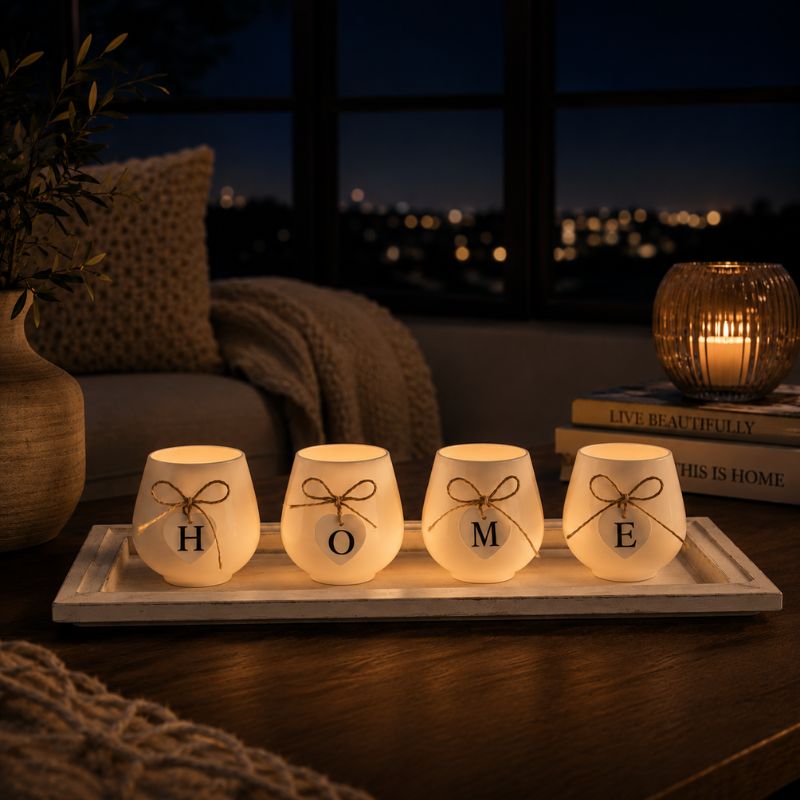 Illuminated HOME candle holder set on a wooden table beside a window, creating a warm and inviting nighttime atmosphere.