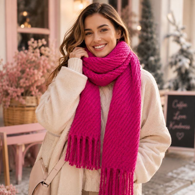 A smiling woman wearing a Hot Pink Chunky Knit Winter Scarf and a cream-colored coat, standing in a softly blurred outdoor cafe setting.