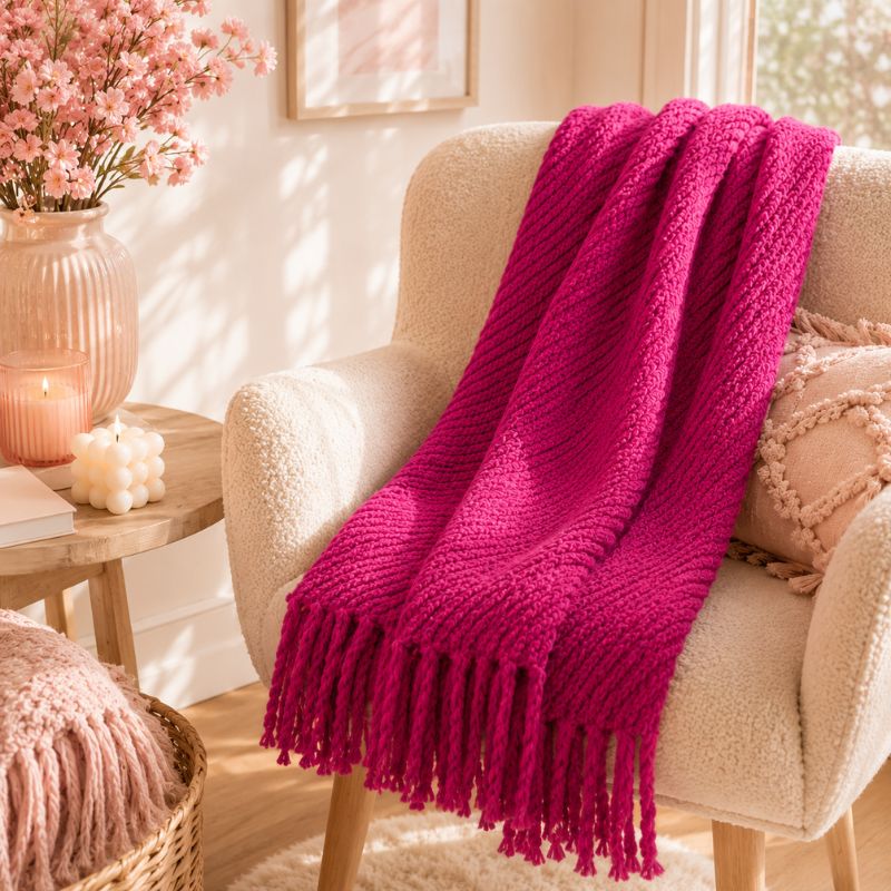 A Hot Pink Chunky Knit Winter Scarf is draped over a cream bouclé armchair in a warm, sunlit living room setting.