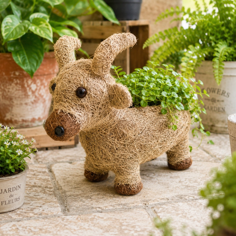 A HUSK Goat Planter Natural 30cm shaped like a small goat or deer, filled with green trailing plants, displayed on a stone patio in a garden setting.