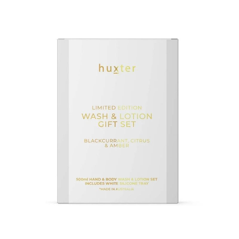 Huxter limited edition wash and lotion gift set packaging on a white background