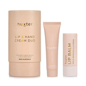 huxter lip and hand cream duo with lip balm on a white background