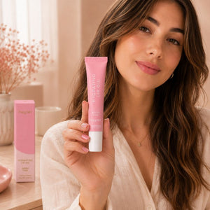 Woman holding Huxter Berry Pink Hydrating Lip Oil in a soft blush beauty setting