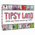 A boxed party game called Tipsy Land, shown at a slight angle to reveal the front and side panels. The box is white with colorful illustrated text and small panels along the top and bottom featuring humorous drink-themed drawings and phrases.