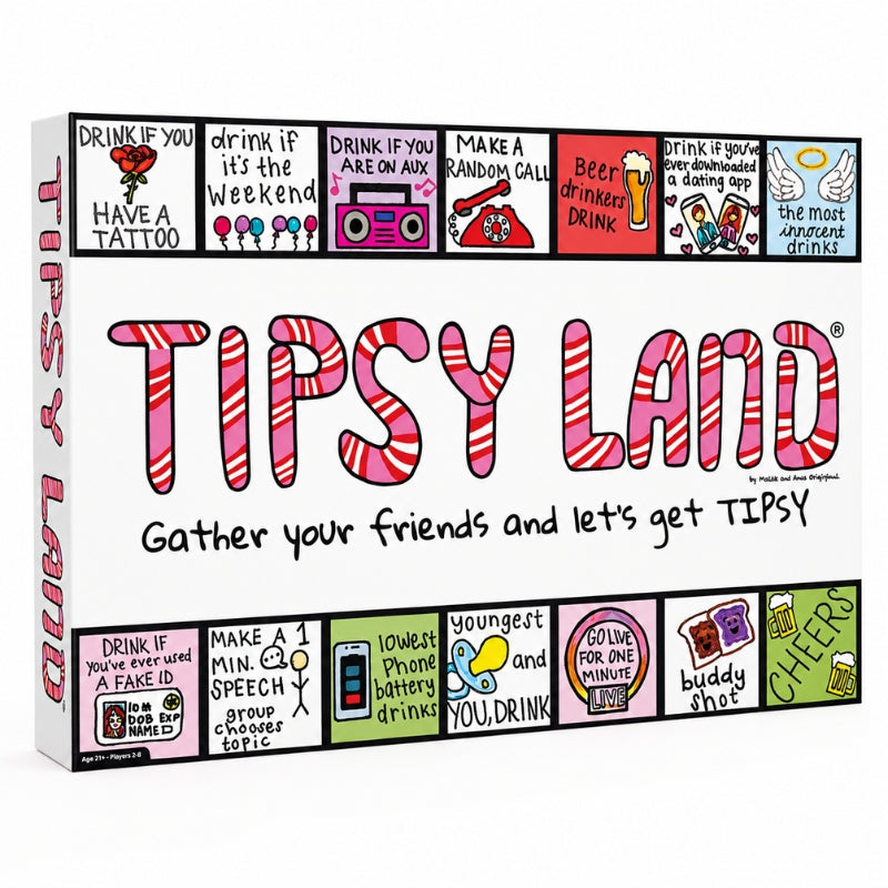 A boxed party game called Tipsy Land, shown at a slight angle to reveal the front and side panels. The box is white with colorful illustrated text and small panels along the top and bottom featuring humorous drink-themed drawings and phrases.