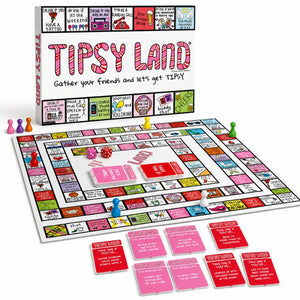 Tipsy Land board game set displayed on a white background, including the colorful game board, game box, play money, cards, and small game pieces.