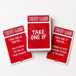 Three red and white 'TIPSY LAND' cards arranged on a light gray background, with the center card showing 'TAKE ONE IF' and the side cards showing humorous conditional phrases.