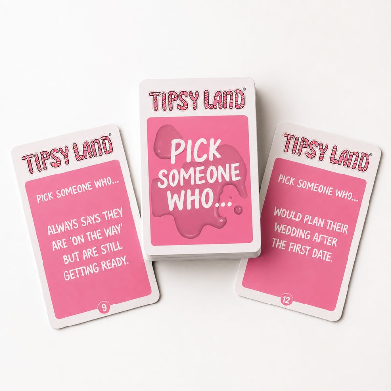 Three pink and white 'Tipsy Land' cards arranged on a clean white background, with the center card showing 'PICK SOMEONE WHO.