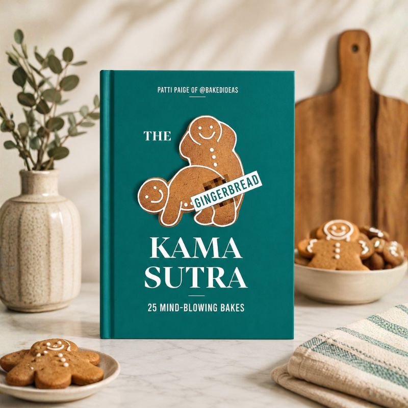 The Gingerbread Kama Sutra hardcover baking book with gingerbread illustration on soft neutral background