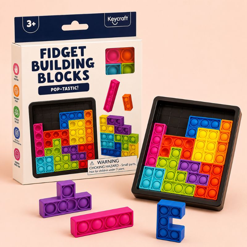 Fidget building blocks with packaging on a beige background