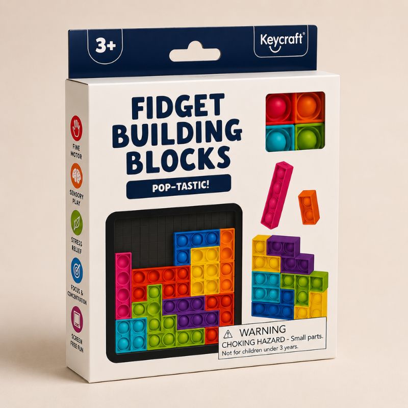 Keycraft fidget building blocks packaging on a beige background