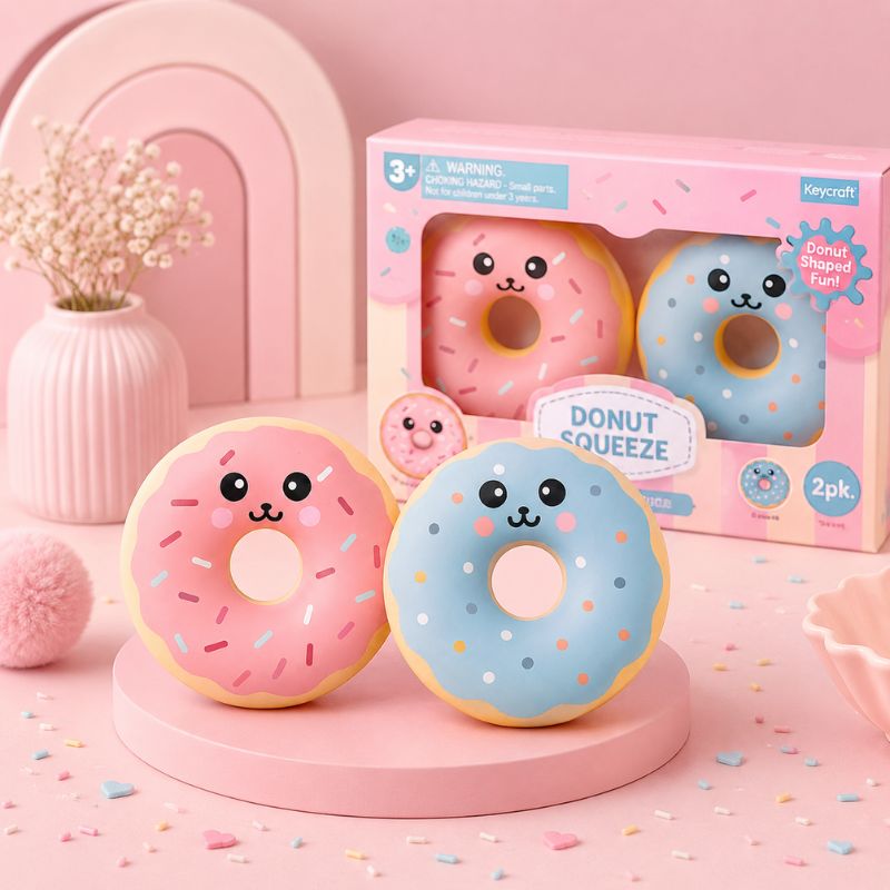 Two donut-shaped toys with a packaging box on a pink background