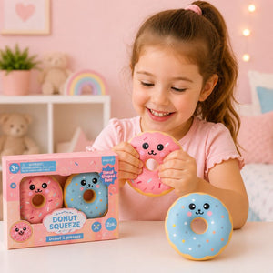 Child holding a pink donut-shaped toy with packaging in a room with pink walls and decorations.