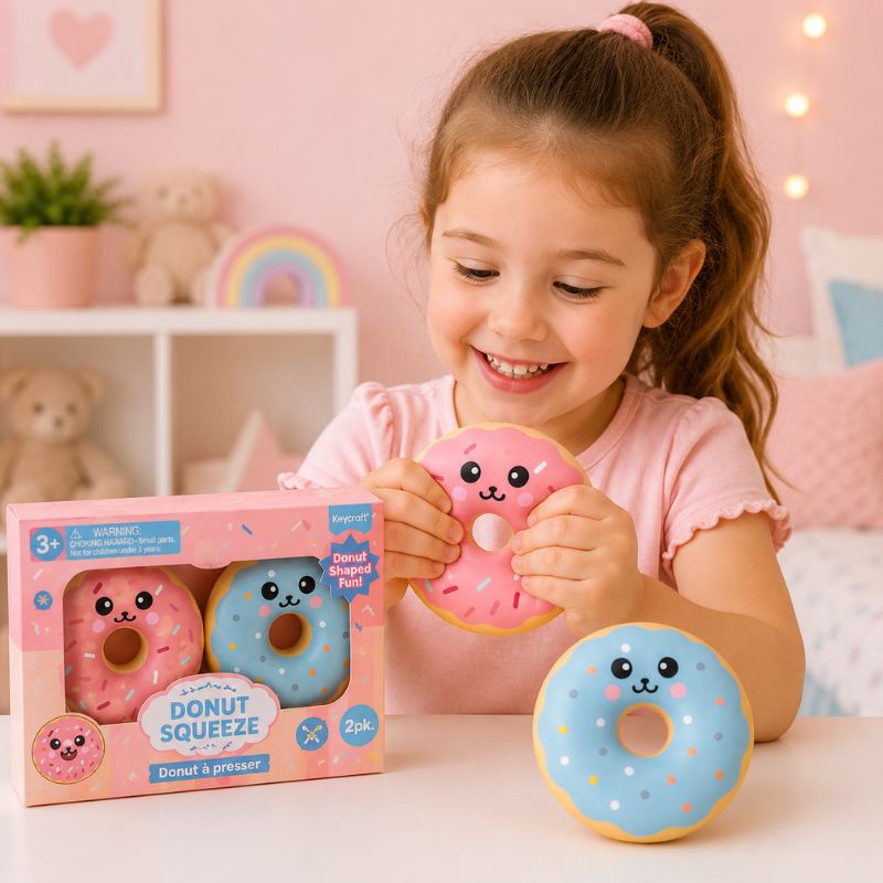 Child holding a pink donut-shaped toy with packaging in a room with pink walls and decorations.