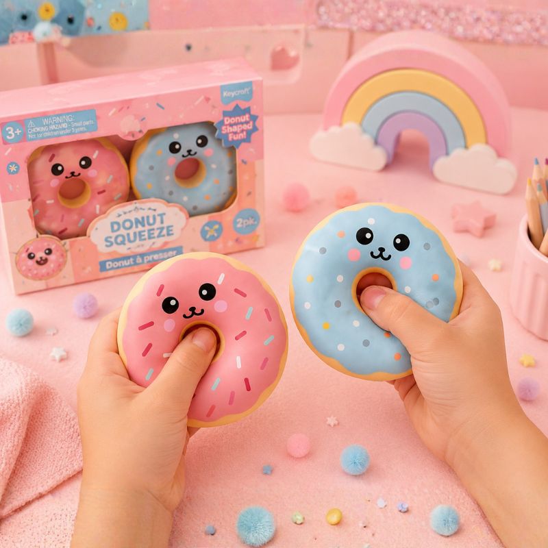 Donut-shaped squeeze toys with cute faces on a pink background