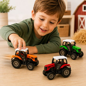 Child playing with toy tractors on a wooden surface - Loveshack Giftware