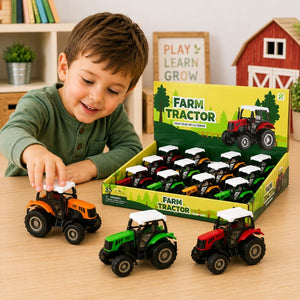 Child playing with toy tractors in front of a display box labeled 'Farm Tractor' on a wooden surface. - Loveshack Giftware