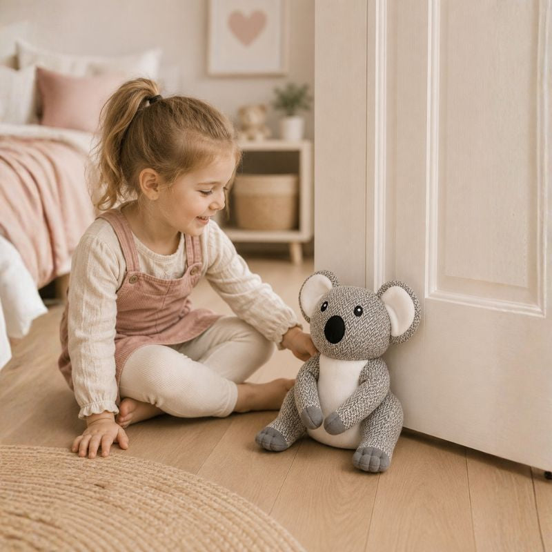 Child holding a plush koala toy door stopper in a cozy room.