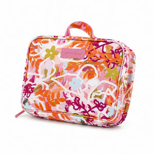 A Large hanging toiletry bag in Ivy floral print with pink and orange details with a colorful floral and abstract pattern in pink, orange, purple, green, and white, featuring a top handle and a pink leather brand patch that reads 'VICTORINOLO'.