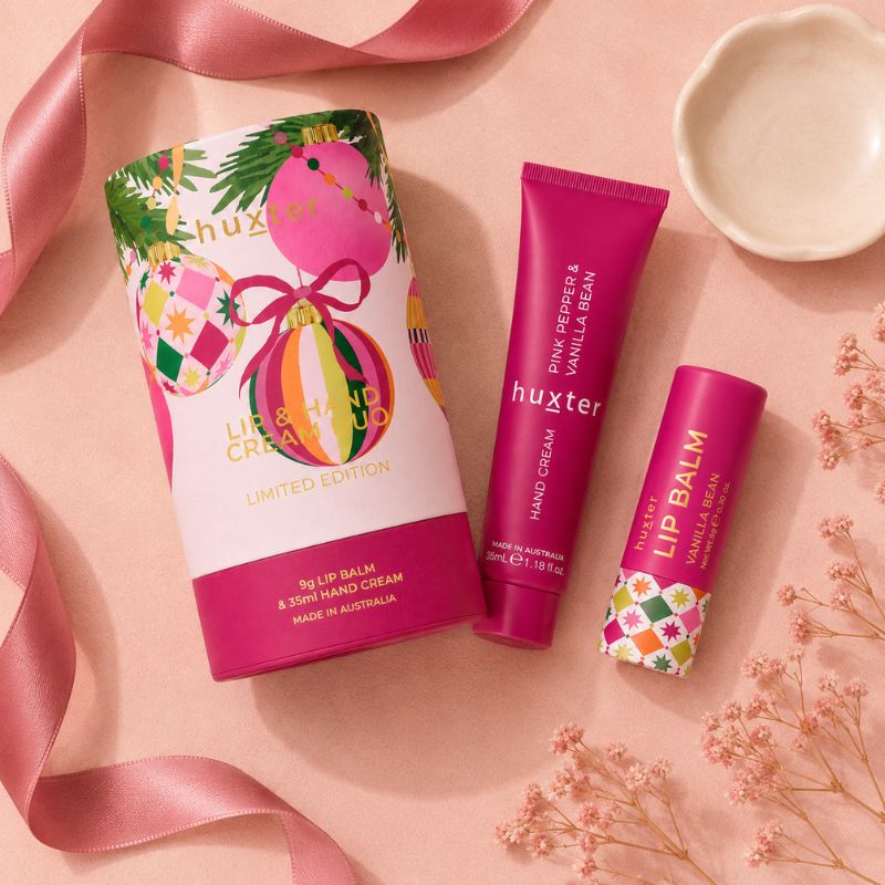 Huxter Limited Edition Lip and Hand Cream Duo flat lay with gift box, hand cream and Vanilla Bean lip balm