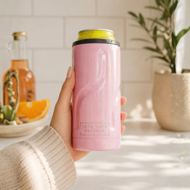 Pink insulated drink container held by a person in a kitchen setting-Loveshack Giftware