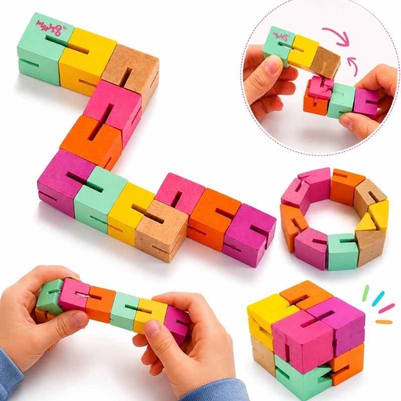 Majigg Twisty Blocks Wooden Fidget Toy with hands interacting with them on a white background
