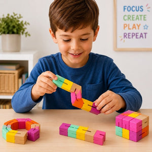 Child playing with Majigg Twisty Blocks Wooden Fidget Toy on a table, with a motivational poster in the background.