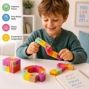 Child playing with Majigg Twisty Blocks Wooden Fidget Toy in a bright room.