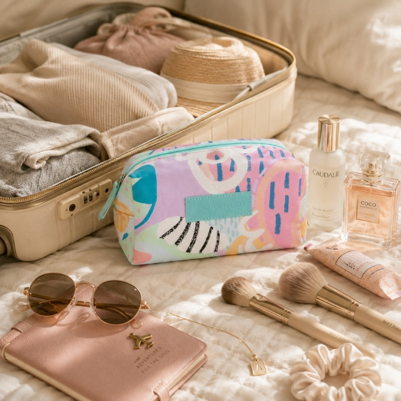 Haven pastel makeup cosmetic bag beside an open suitcase with travel beauty essentials