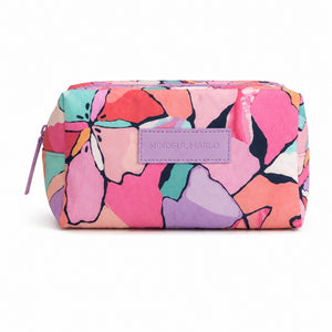 A Makeup Cosmetic Bag - Willow with a colorful abstract floral pattern in pink, purple, teal, and orange, featuring a lavender leather patch with the brand name 'MINDEULMARLO' on a white background.