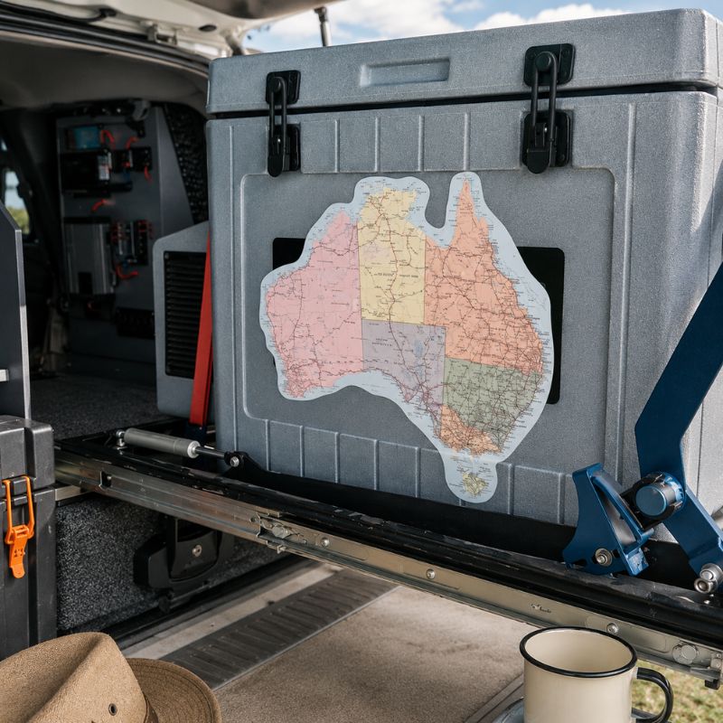Gray cooler with Australia map inside a vehicle - Loveshack Giftware