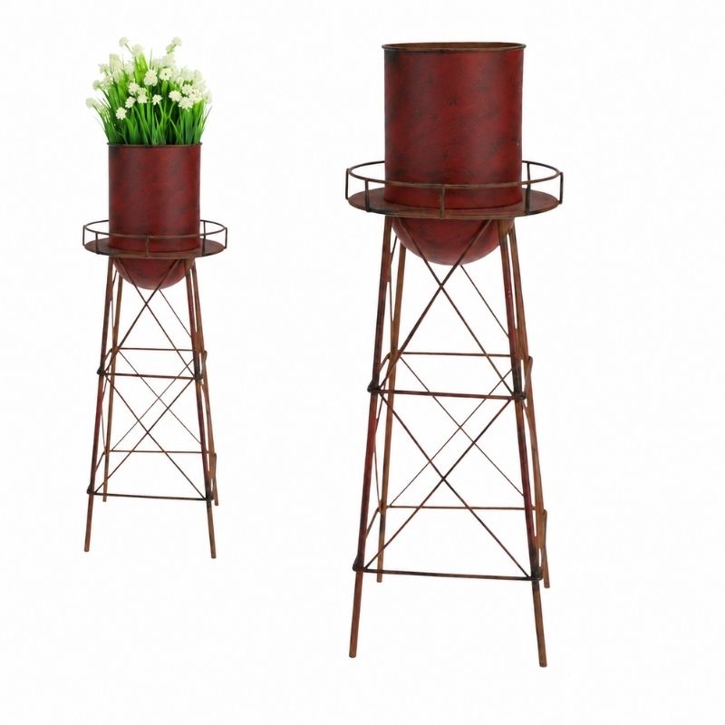 42cm metal water tower planter shown with and without floral arrangement on a clean white background.