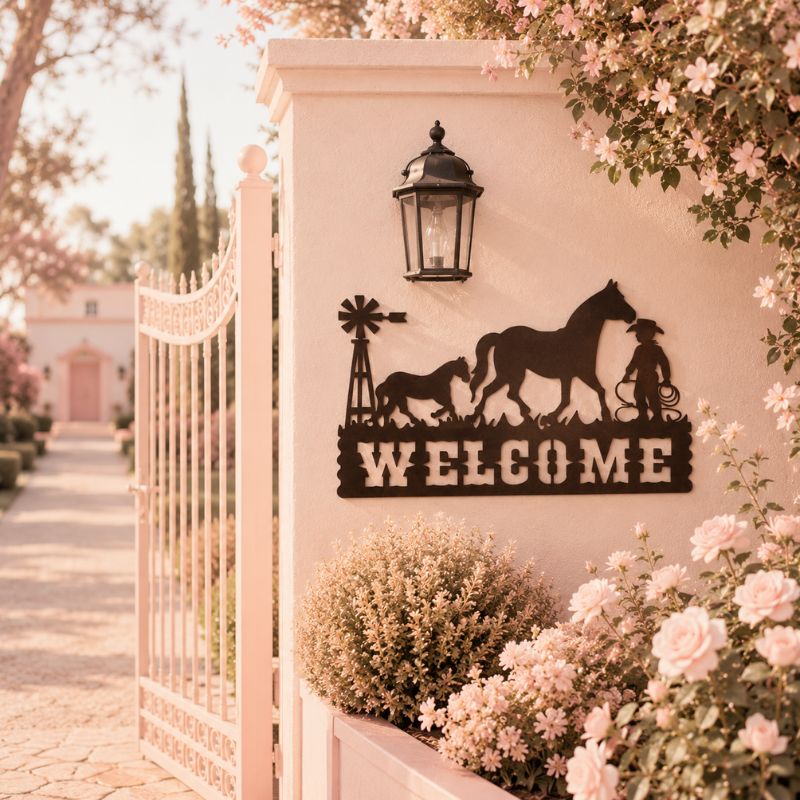 Metal western welcome sign displayed on a pastel pink garden gate surrounded by blooming flowers and elegant outdoor landscaping.