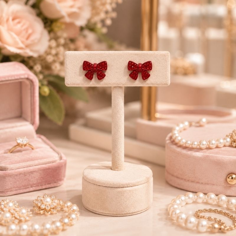 Mini Bow Stud Earrings on a stand with jewelry and flowers in the background
