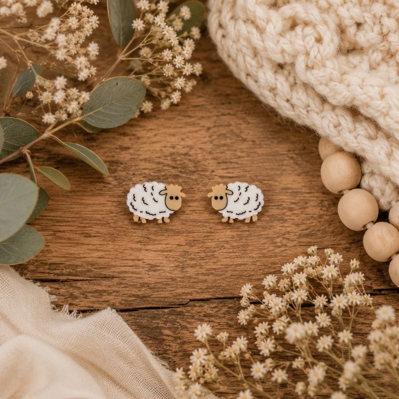 Mini Sheep Stud Earrings on a wooden surface with flowers and fabric