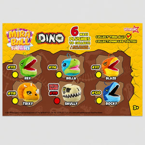 Miraball Surprises Dino collectible chart showing six plush dinosaur characters