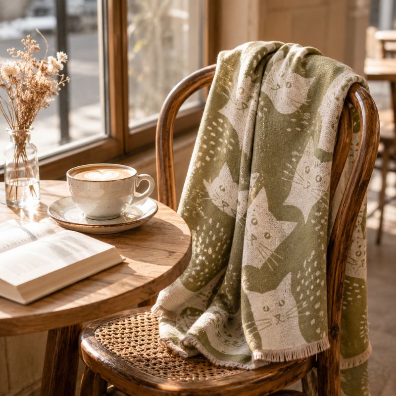 Moggy Cat Scarf Green 180cm draped over a wooden café chair beside a coffee cup and book in a cozy coffee shop setting by Love Shack Giftware