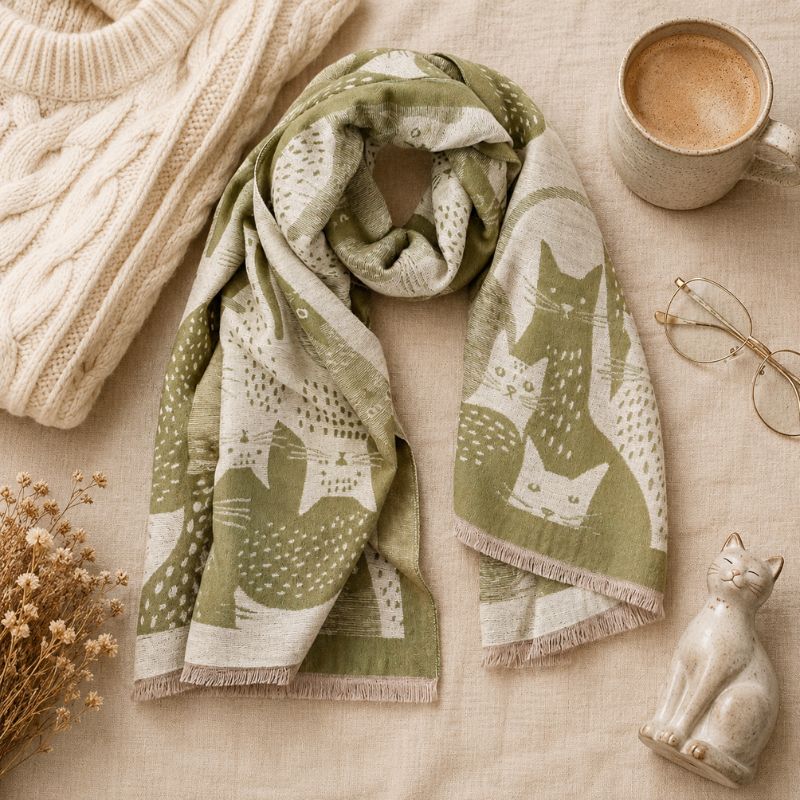 Moggy Cat Scarf Green 180cm styled with a knit sweater, coffee cup, glasses, and home décor on a beige linen surface by Love Shack Giftware