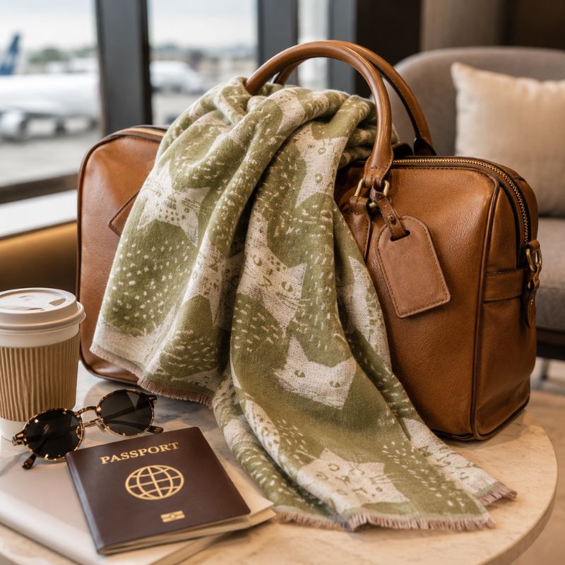Moggy Cat Scarf Green 180cm draped over a tan travel bag with passport and coffee cup in an airport lounge by Love Shack Giftware