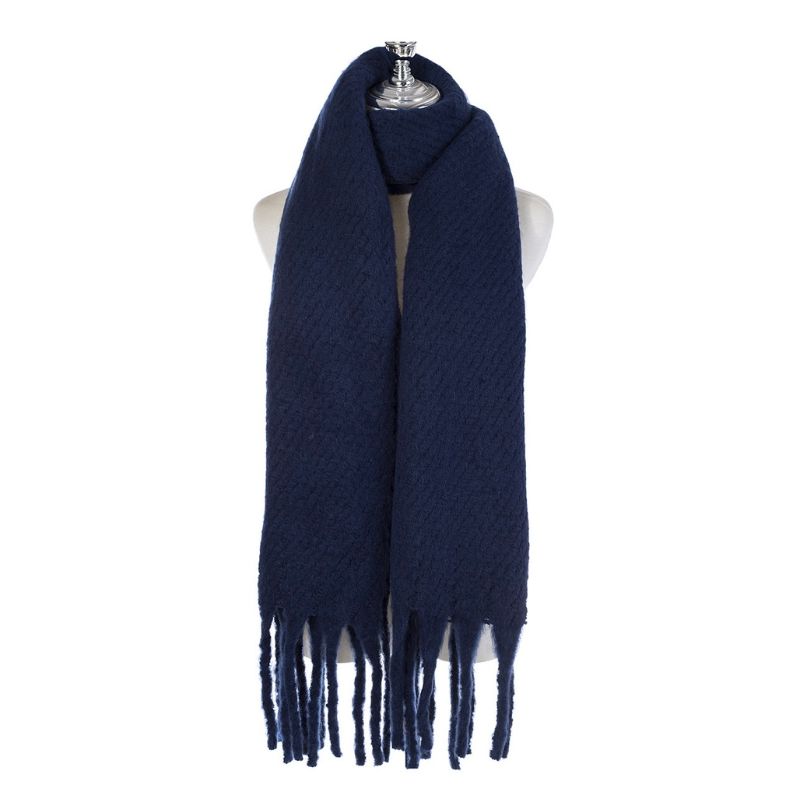 A Navy Blue Chunky Knit Winter Scarf with Fringe, displayed on a white mannequin torso against a plain white background.